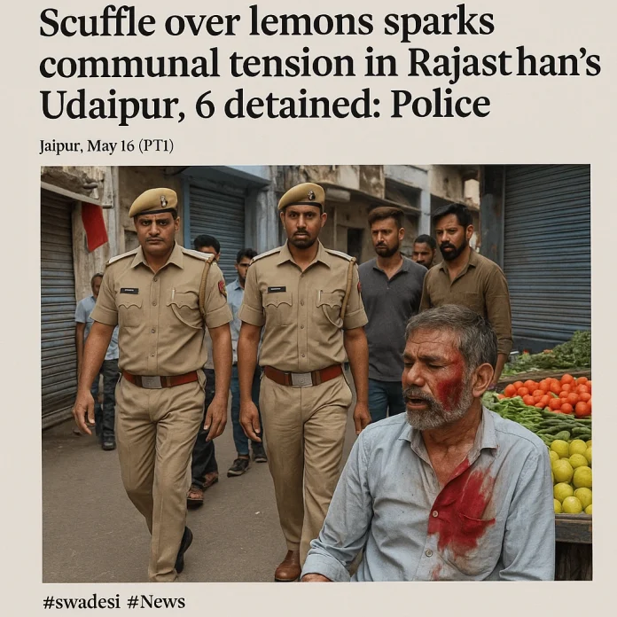 Jaipur, May 16 (PTI) A minor dispute spiralled into a communal clash in Rajasthan's Udaipur, leaving a vegetable vendor seriously injured, police said on Friday. The incident took place in the Dhanmandi area of Udaipur late on Thursday evening, they said, adding that six people have so far been detained. Police said a verbal spat between two men over buying lemons at a vegetable stall near Teej Ka Chowk soon led to a scuffle and within minutes, it turned into a communal clash. Superintendent of Police (SP) Yogesh Goyal said a group of five to seven people allegedly attacked the vegetable vendor, Satveer (50), with a sharp weapon, leaving him with severe injuries on his face. Satveer was taken to the MB Hospital, where he is undergoing treatment. The tensions escalated further when two roadside huts and vegetable carts were set on fire. Firefighters reached the scene and doused the flames. Police teams from four nearby stations, led by the SP himself, arrived at the spot and brought the situation under control. Extra forces have been deployed in sensitive areas to maintain peace. Markets in the area remained shut on Friday. "Six people have been detained after scanning CCTV footage that captured the assailants carrying weapons. We are investigating all aspects of the incident and strict action will be taken," the SP said. Local traders observed a complete market bandh on Friday, shutting down shops at Dhanmandi and Teej Ka Chowk. They demanded immediate arrests and action against allegedly negligent police officials. Later in the day, a meeting between the traders and the administration helped pacify the situation. Municipal Commissioner Ramprakash and Additional District Magistrate (ADM), City, Vaar Singh assured the protesters of action on three of their key demands -- arresting the accused, removing illegal vendors from the area and taking disciplinary action against errant officers. Following this, the traders agreed to reopen their shops. PTI AG RC Category: Breaking News SEO Tags: #swadesi, #News, Scuffle over lemons sparks communal tension in Rajasthan's Udaipur, 6 detained: Police