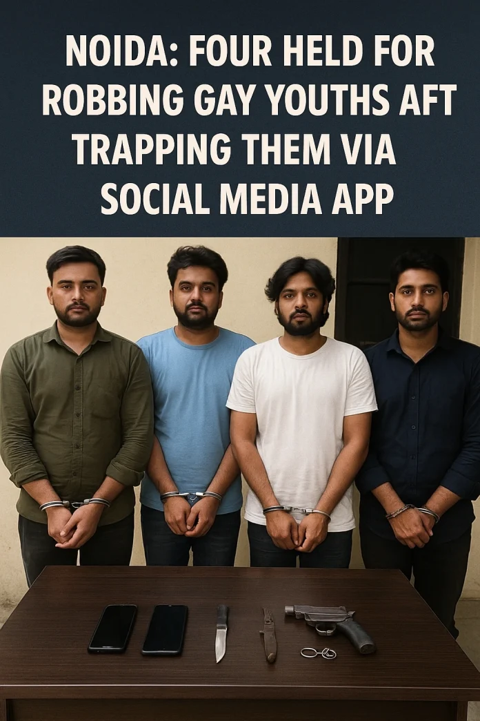 Noida (UP), May 19 (PTI) Dadri Police on Monday arrested four people who allegedly robbed young men after befriending them on a gay networking app. Additional Deputy Commissioner of Police (Zone III) Sudhir Kumar said Daksh, Bhupendra, J Raghav and Honey were arrested based on a tip-off. A country-made pistol, knife, a car used in committing the crimes and other items were recovered from the accused. Kumar said the accused used to contact gay youths through a social media application and invite them to various places in Greater Noida. After having physical relations with them, the accused beat them up and robbed their cash, phones and other valuables. During interrogation, the accused confessed to have committed the crime several times, the ADCP said. PTI COR RUK RUK Category: Breaking News SEO Tags: #swadesi, #News, Noida: Four held for robbing gay youths after trapping them via social media app