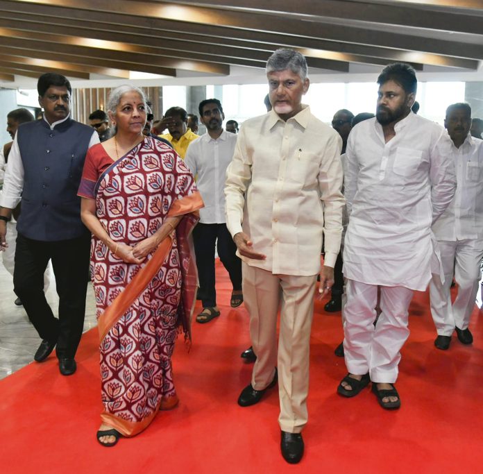 Pawan Kalyan, CM Naidu welcome FM Sitharaman in Amaravati