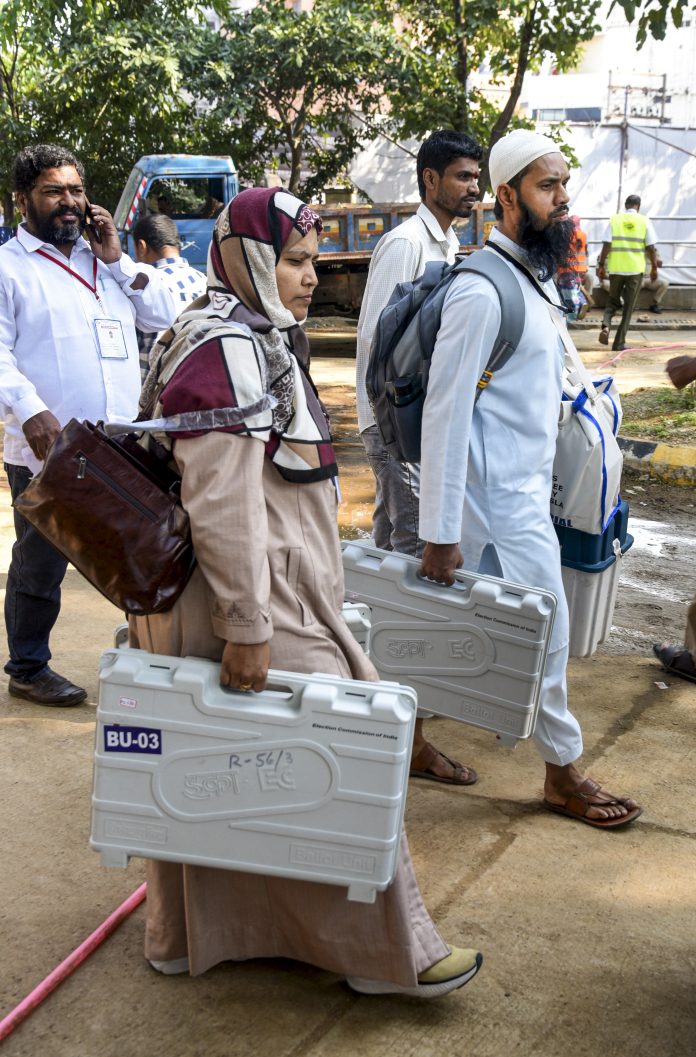 Polling officers collect EVMs ahead of Jubilee Hills bypoll in Hyderabad