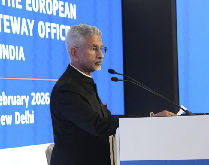 **EDS: THIRD PARTY IMAGE** In this image posted on Feb. 18, 2026, External Affairs Minister S. Jaishankar addresses the gathering during the launch of European Legal Gateway Office in India, on the sidelines of the India AI Impact Summit 2026. (@DrSJaishankar/X via PTI Photo) (PTI02_18_2026_000731B)